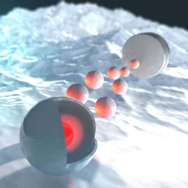 באיור: החלקיק הדו-מודאלי מורכב מכדור חלול של תחמוצת ברזל (באפור) שבתוכו צף חלקיק פולט אור (באדום)