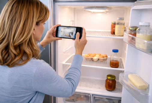 תמונה מ CHATGPT אישה מצלמת מקרר ריק