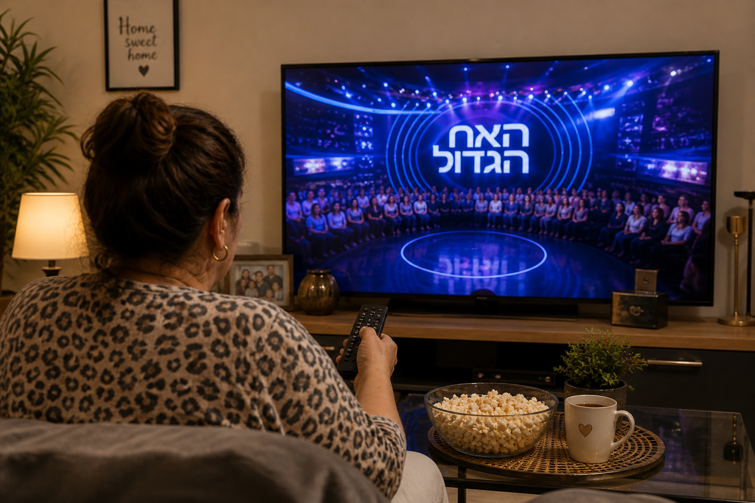 אילוסטרציה אישה מול טלוויזיה צופה האח הגדול ,נוצר על ידי AI